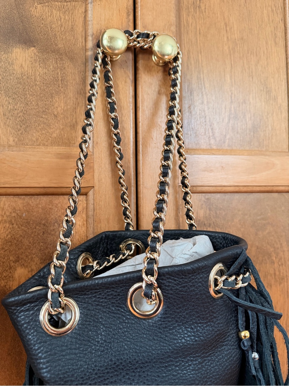 Rebecca Minkoff Black Leather Fringe Bucket Bag with Gold Chain - Picture 4 of 14